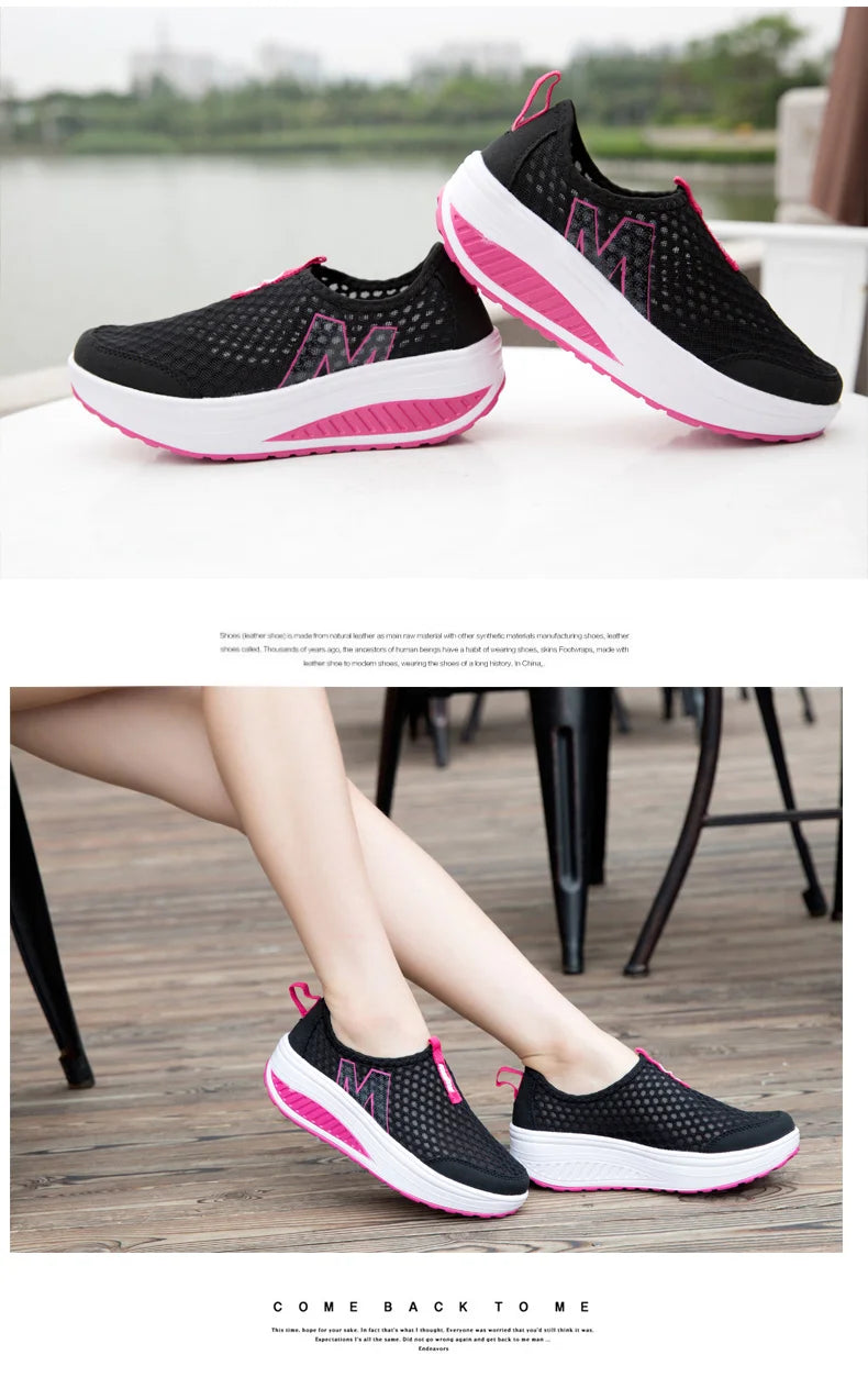 Women Mesh Flat Shoes Sneakers Women Swing Wedge Hollowed Out Slip-on Shoes Women Platform Breathable Lightweigt Vulcanization