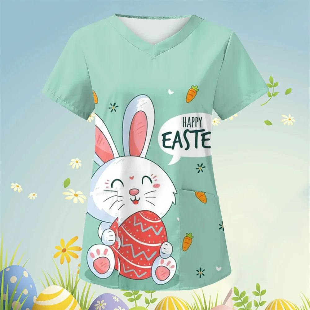 Scrubs Medical Uniforms Cute Cartoon Bunny Print High Quality Medical Uniforms for Women Short Sleeve Dental Medical Uniforms