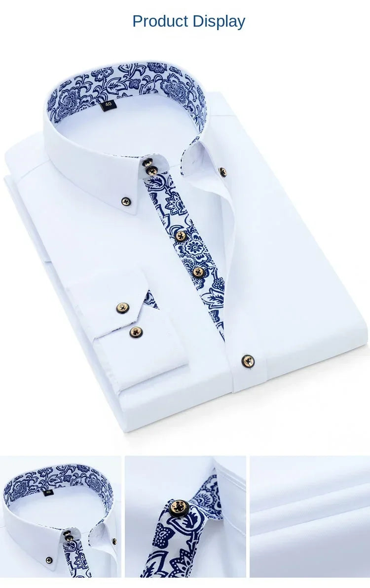 Men's Cotton Shirt Formal Business Collar Dress Shirts Long sleeve Spring Autumn Casual Wear Slim Fit Social Black Blue White