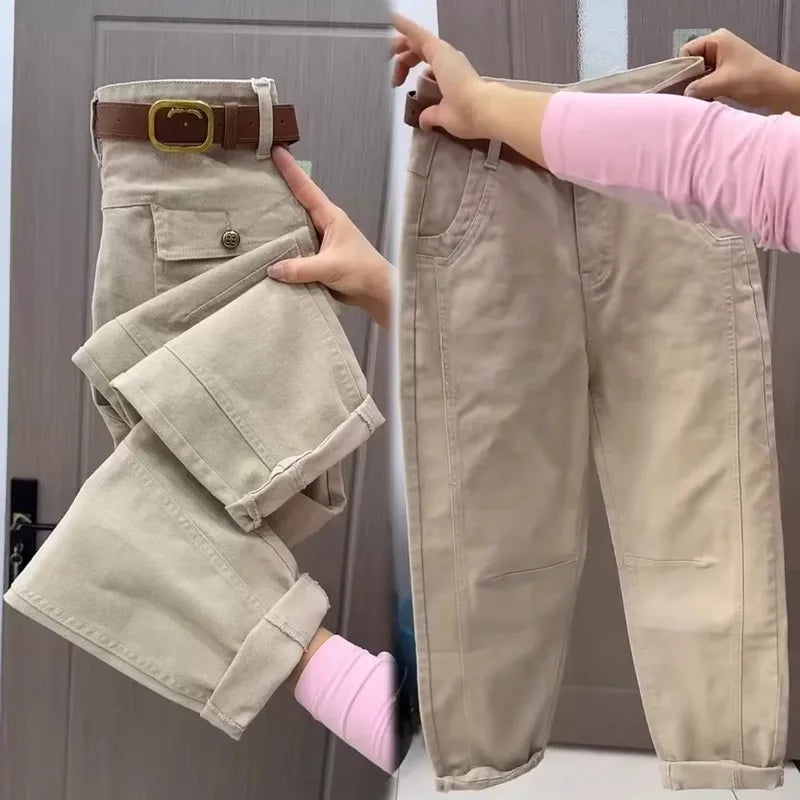 High Waist Thin Denim Jeans Women's plus Size Harem Straight Leg Casual Pants Spring 2025 Style Versatile High Waist Crop Jeans