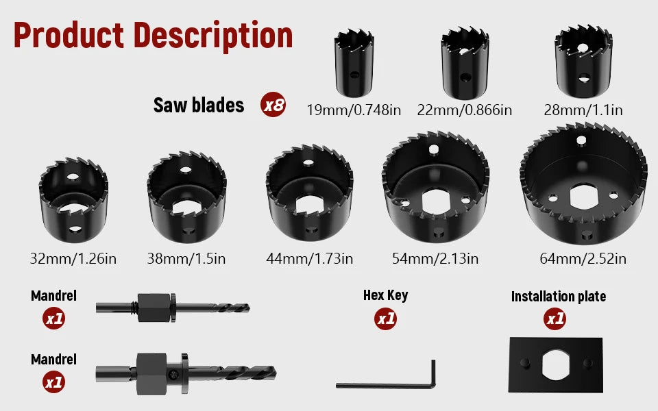 Hole Saw Set 11PCS Hole Saw Kit in Case Drill Bit Kit with Mandrels and Hex Key for Soft Wood Plywood Drywall PVC