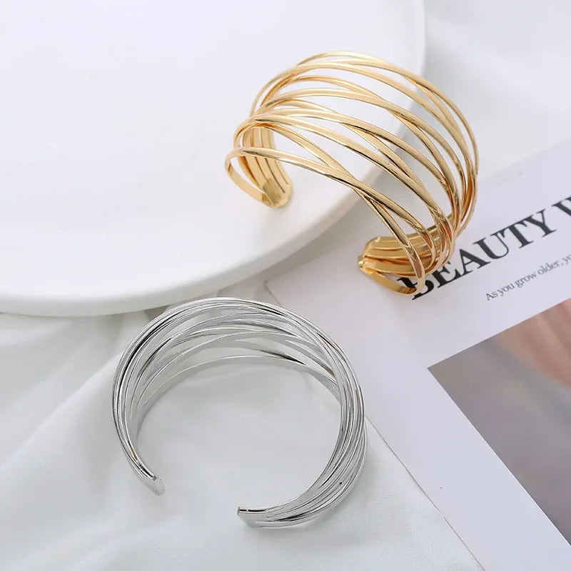 Vintage Gold Plated Hyperbolic Cuff Bangle Layered Wide Wire Statement Bracelet Bold Gift for Women