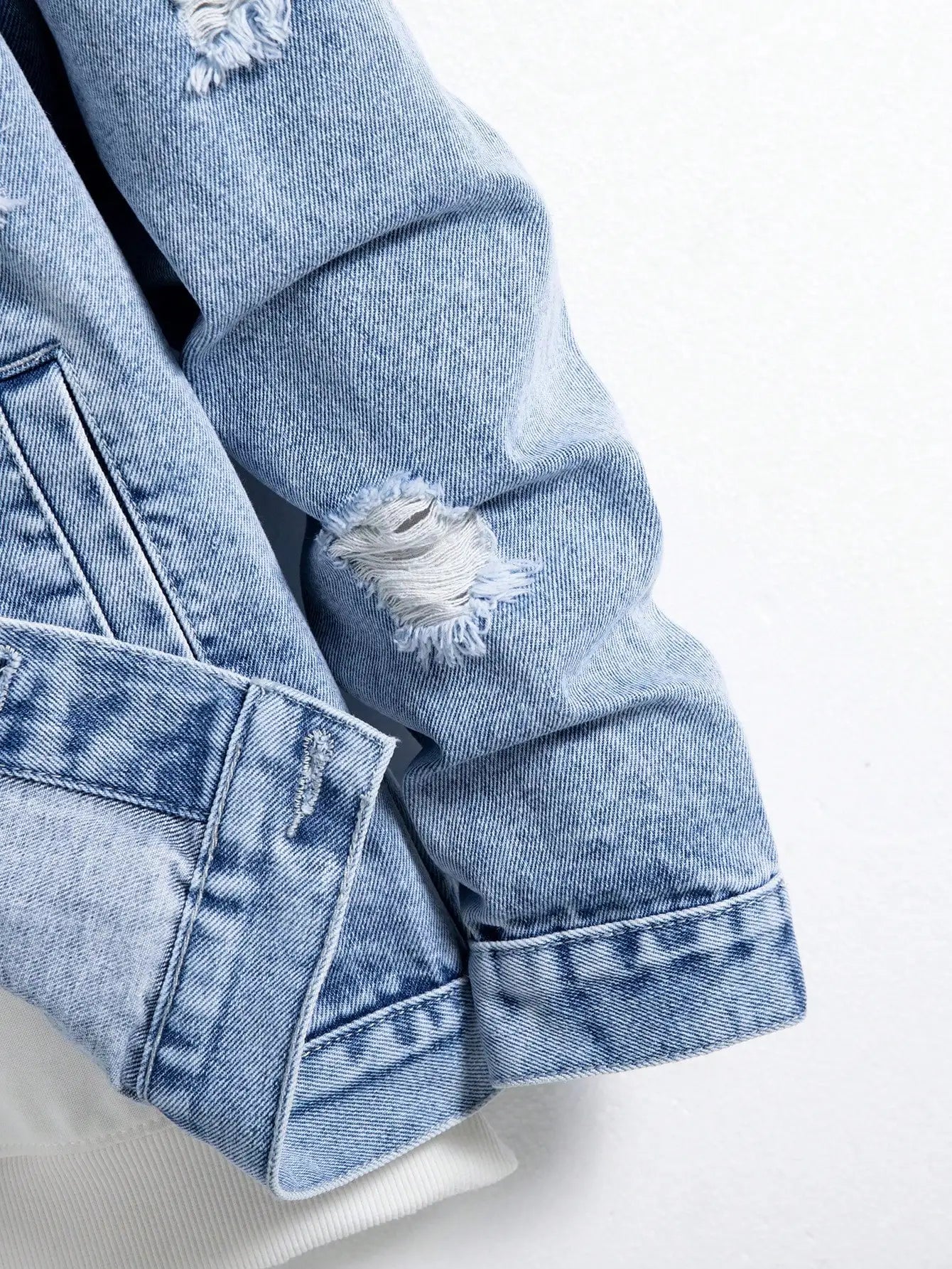 Men's denim jacket for spring and autumn. Blue ripped coat. Street fashion. Vintage - worn style. Daily casual.