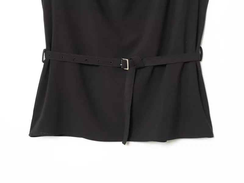 Elegant Black Sleeveless Blouse for Women with Belt Summer Casual Tank Top Back Zipper Work Office Wear Casual Daily Outfits Top