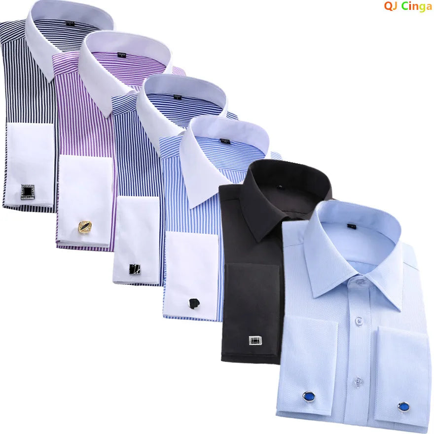 Men's Blue Long-sleeved Dress Shirts, Single-breasted Lapel Vertical Striped Shirt Men, White,Purple,Black,Pink,Yellow Optional