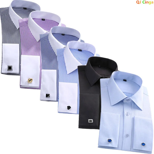 Men's Blue Long-sleeved Dress Shirts, Single-breasted Lapel Vertical Striped Shirt Men, White,Purple,Black,Pink,Yellow Optional