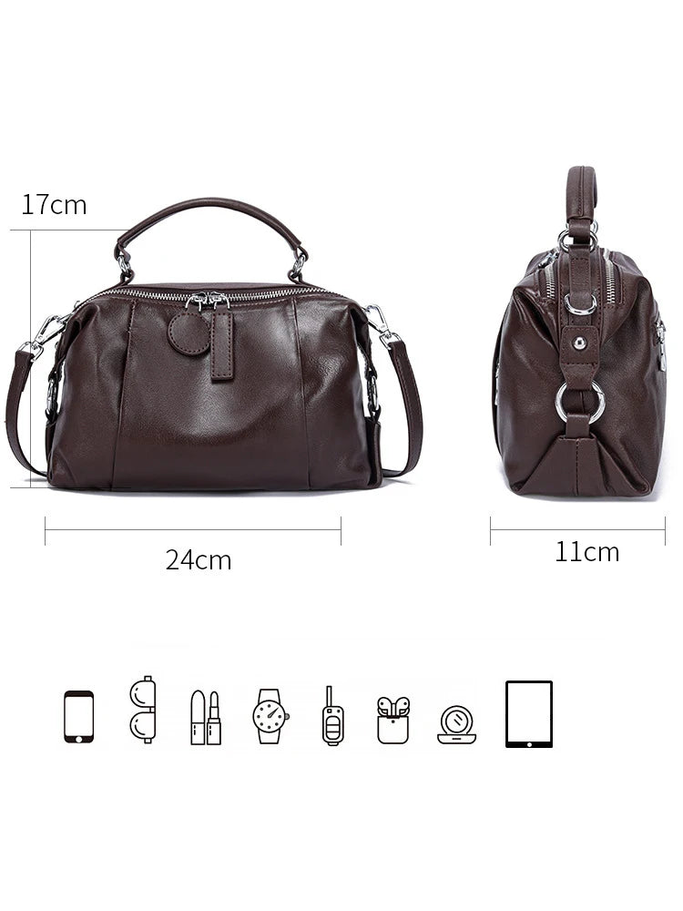 Women's Handbag 2025 New Top Grain Leather Boston Bag Unique Shoulder Crossbody Bag Vintage Commuting Versatile Handheld Tote