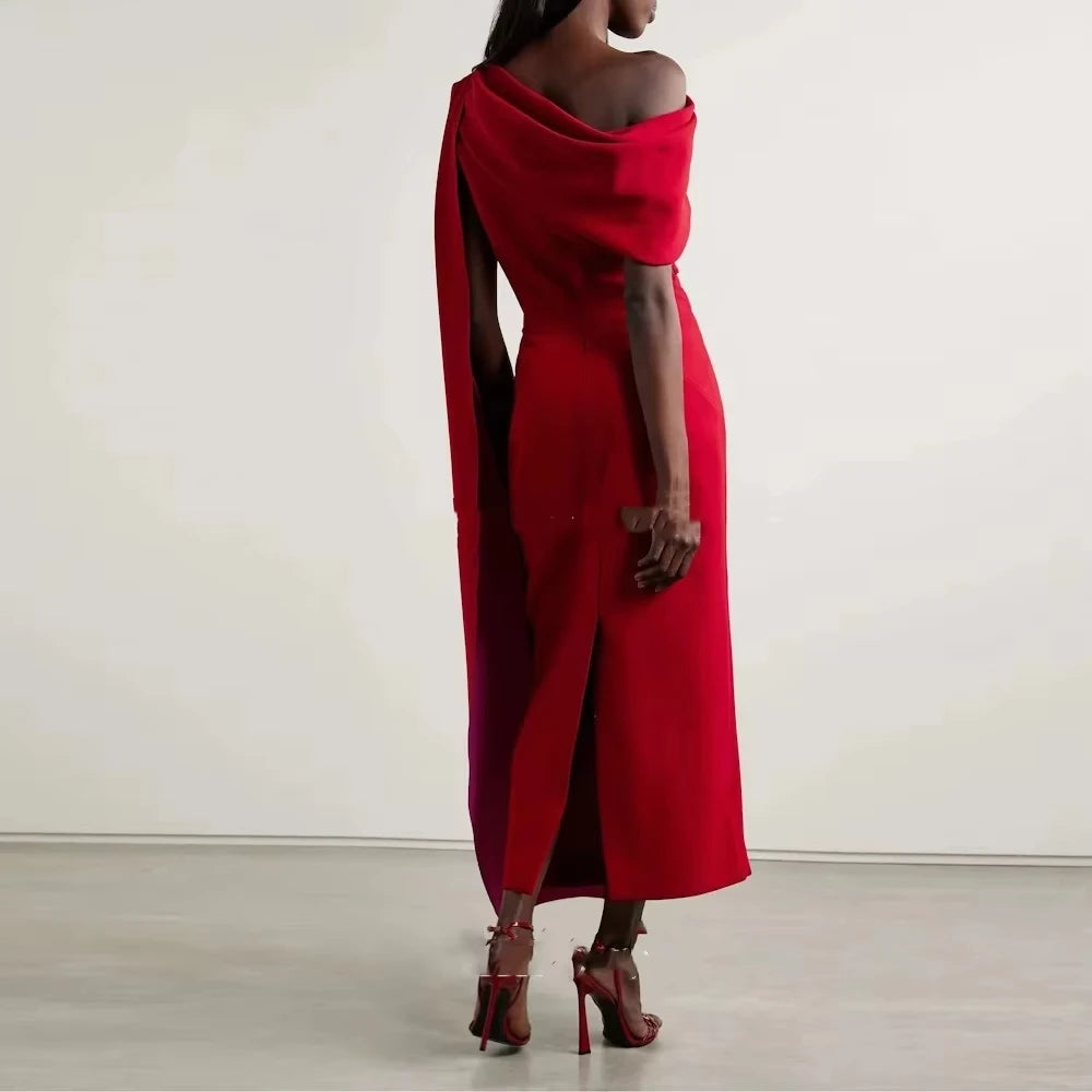 Women's Red Evening Dresses Satin One Shoulder Party Dresses 2025 Backless Mermaid Side Straps With Long Ribbons Customized