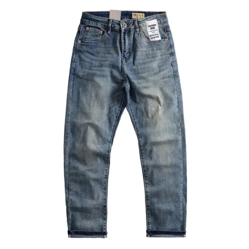 2025Heavy Duty Washed and Scraped Denim Men's Trendy High-end Embroidered Printed Loose Tapered Straight Leg Jeans