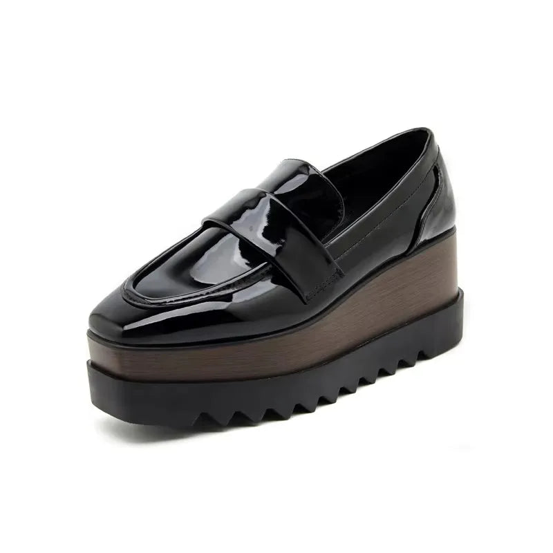 8cm Heeled Platform Wedges Shoes Womens High Heels Casual Lazy Shoes Square Toe Wedge Creepers Pumps Damen Black
