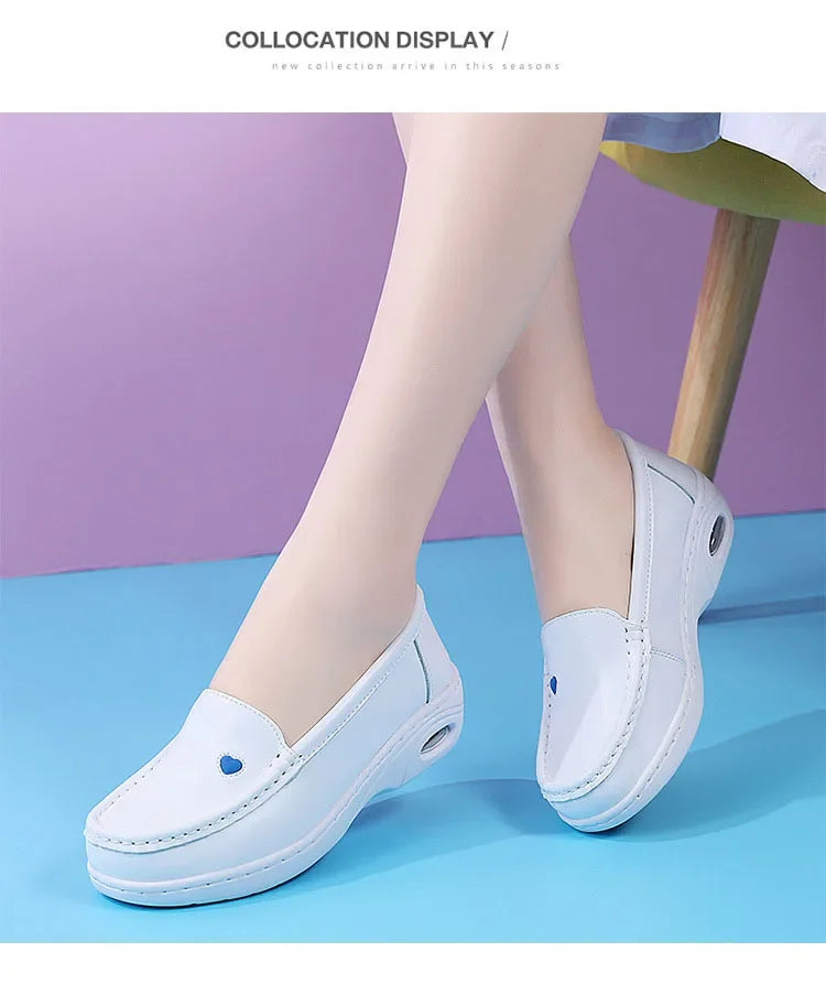2025 New Women Flat Leather Shoes Casual White Wedge with Soft Bottom Love Heart Comfortable Mom Nurse Work Shoes Zapatillas