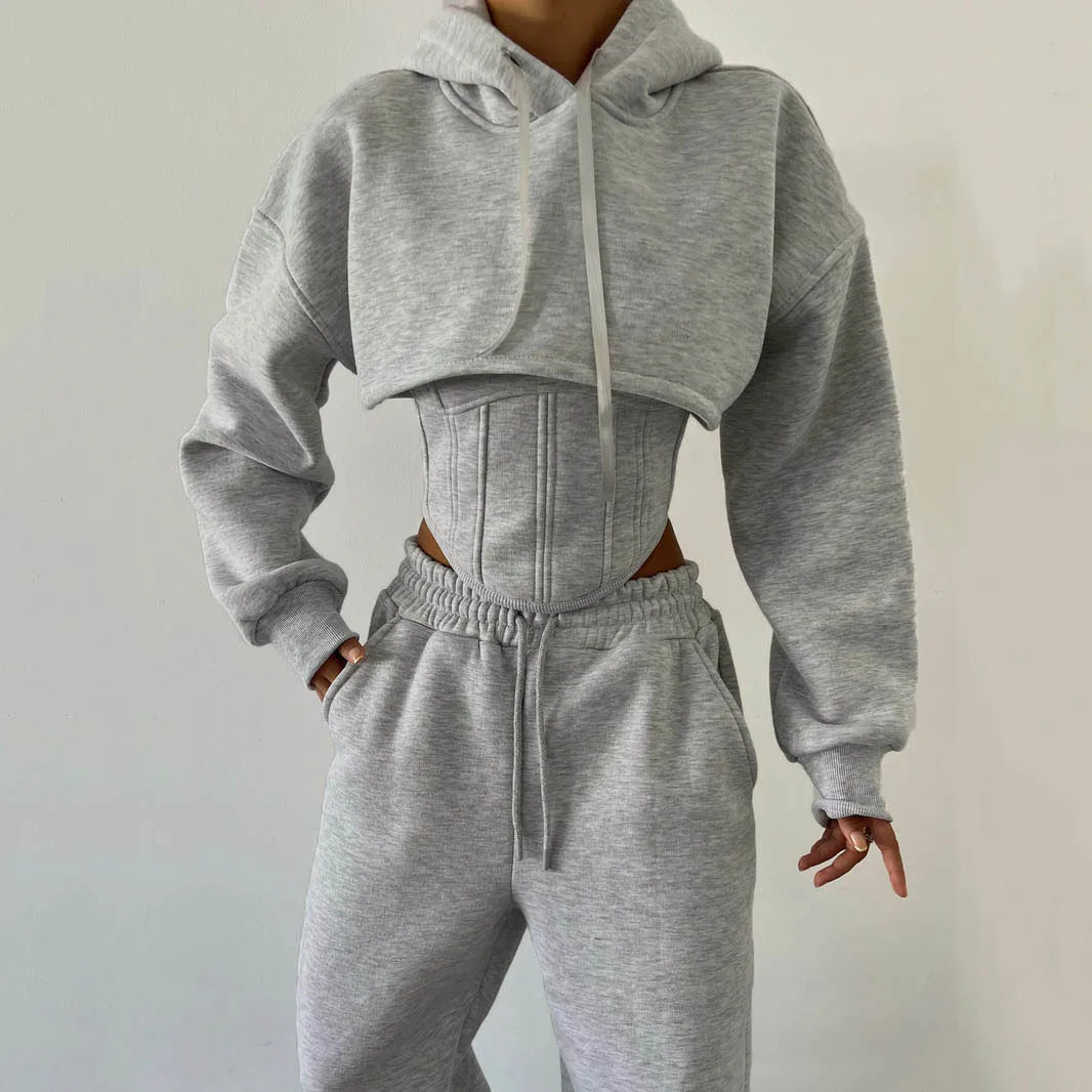 Sweat Suit Set Women Hoodies Three 3 Pieces Outfit Pants Sets Casual Loose Winter Warm Tracksuits 2 Two Pieces Solid Sportswear