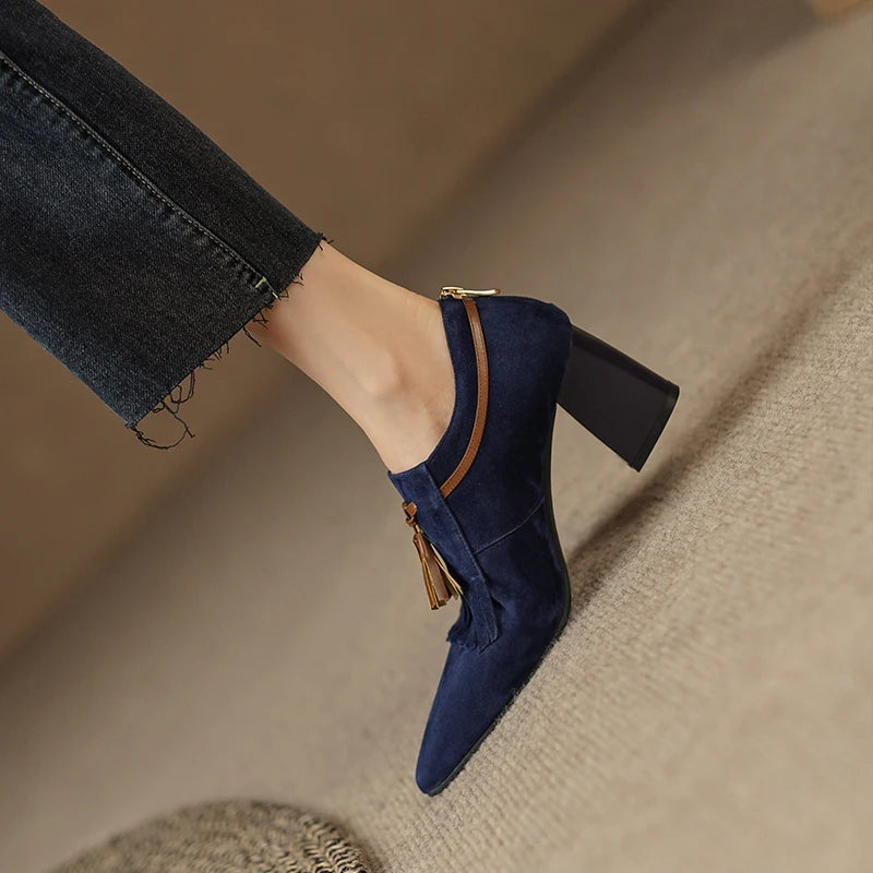 2025 Spring Women Shoes Pointed Toe Chunky Heel Women Pumps Sheep Suede High Heels Belt Buckle Shoes for Women zapatos de mujer