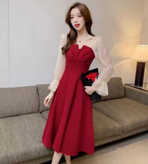 Red Dresses For Women Party Korean Style Elegant Luxury Elastic On Sales Full High Quality Prom Evening Woman Long Sleeve Dress