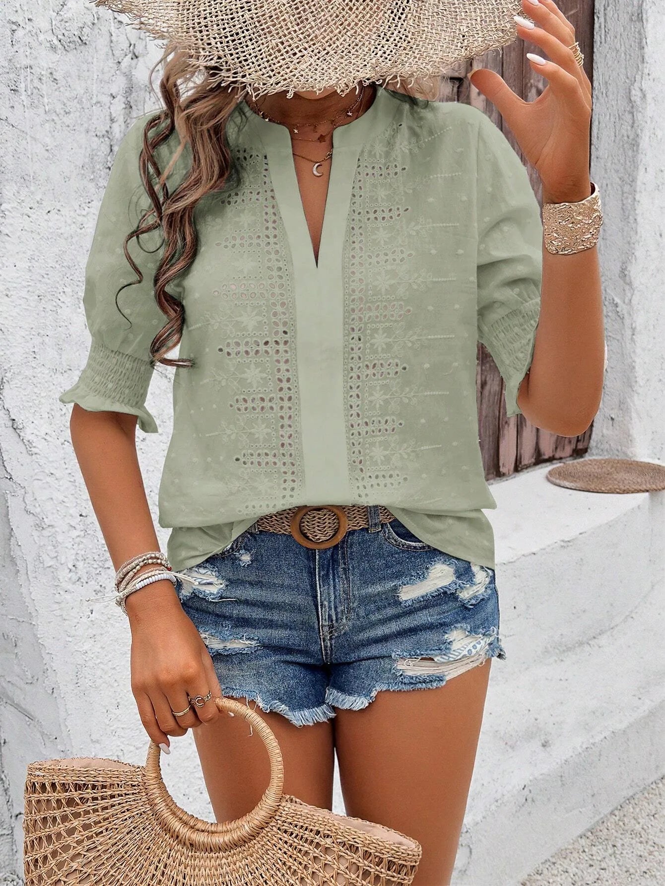 Women's Blouse Floral Embroidery Lace Summer Casual Solid Color Swiss Dot Eyelets V-neck Puff Shirred Half Sleeve T-shirt Tops