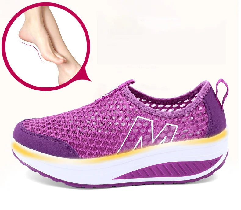 Women Mesh Flat Shoes Sneakers Women Swing Wedge Hollowed Out Slip-on Shoes Women Platform Breathable Lightweigt Vulcanization