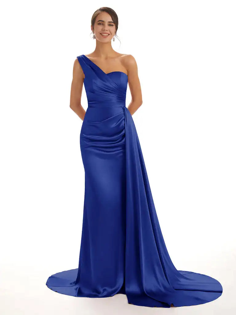 Satin One-Shoulder Bridesmaid Dresses Pleats Backless Sweep Train Formal Dress Elegant Sleeveless Bodycon Wedding Evening Gowns