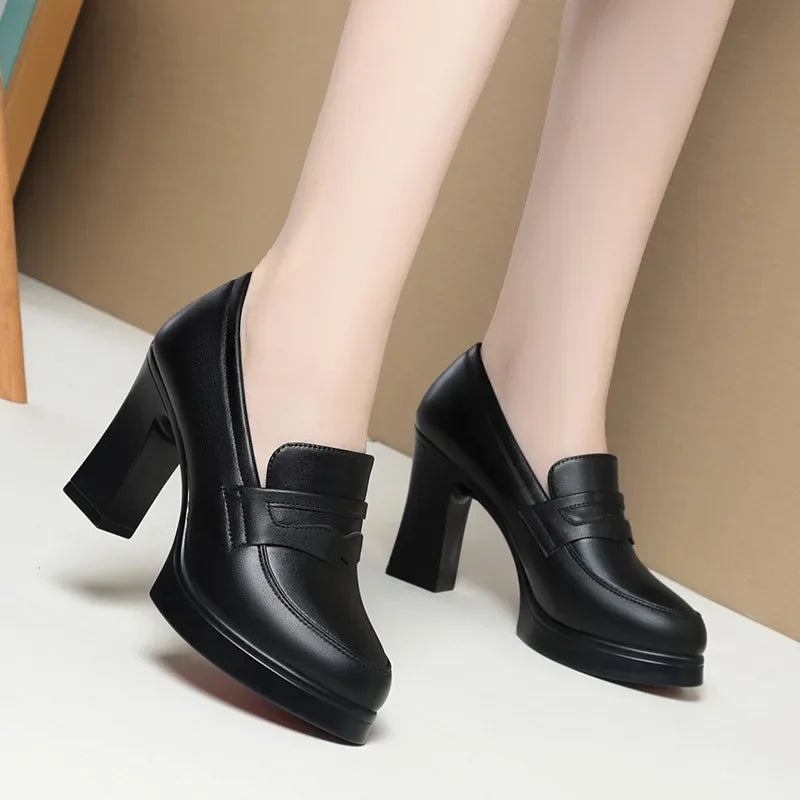 High Heels for Women 2025 Spring Slip on Pointed Toe Platform Heels Chunky Loafers Woman Black PU Leather Uniform College Shoes