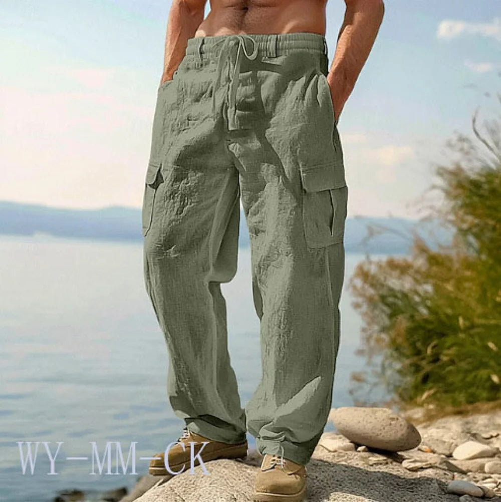 European And American Men's Cotton And Linen Trousers Multi-pocket Work Pants Loose Straight Sportswear And Casual Trousers