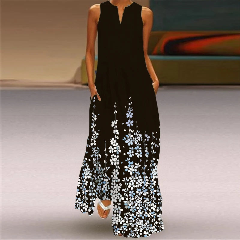 Elegant Dresses for Woman 3D Printed Dresses Summer Sleeveless V-Neck Long Dress Ladies Casual Elegant Beach Party Maxi Dresses