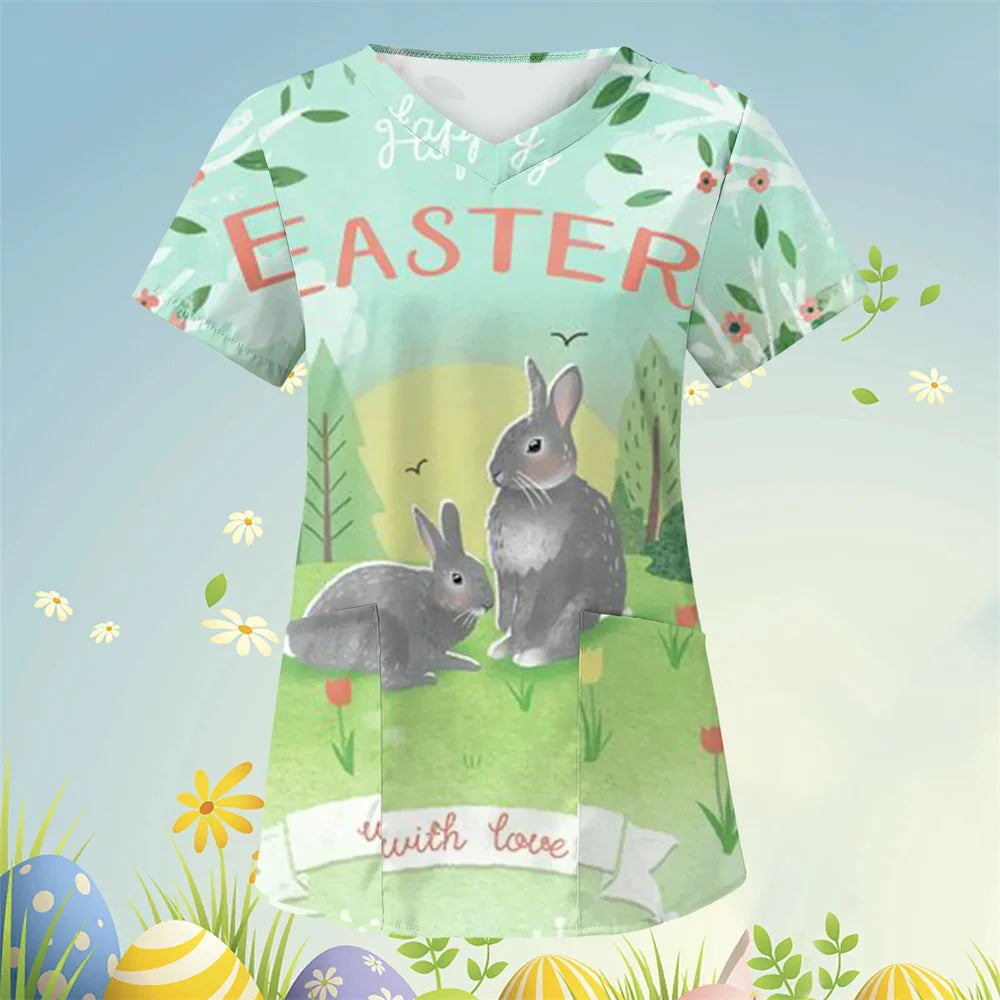 Scrubs Medical Uniforms Cute Cartoon Bunny Print High Quality Medical Uniforms for Women Short Sleeve Dental Medical Uniforms