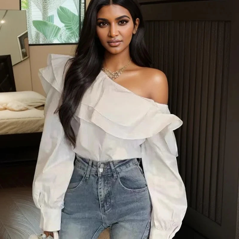 Vintage Ruffled Off Shoulder White Shirt for Women Fashion Long Sleeve Loose Elegant Blouse Women Slim Fit Casual Sexy Tops 8395