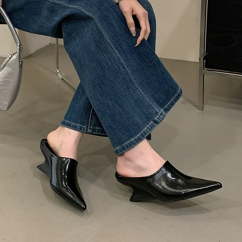 New Women Mules Wedges Shoes Female Pumps Slippers Fashion Pointed Toe Ladies Heeled Slides Slippers Sandals Wedges Shoes
