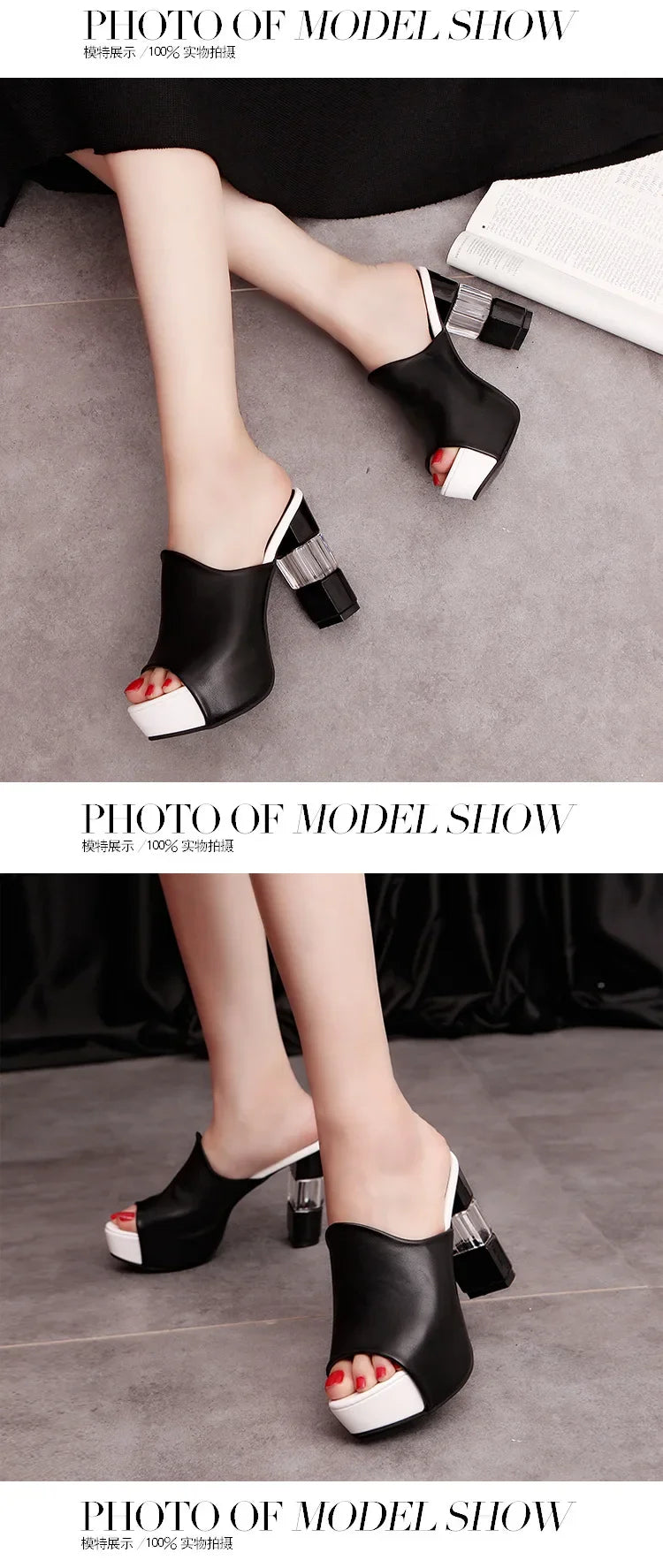Ladies Leather Sole Slippers Women Sexy High Heel Mules Clogs Black Peep Toe Platform Mules Emal Slip on Sandals Shoes2022