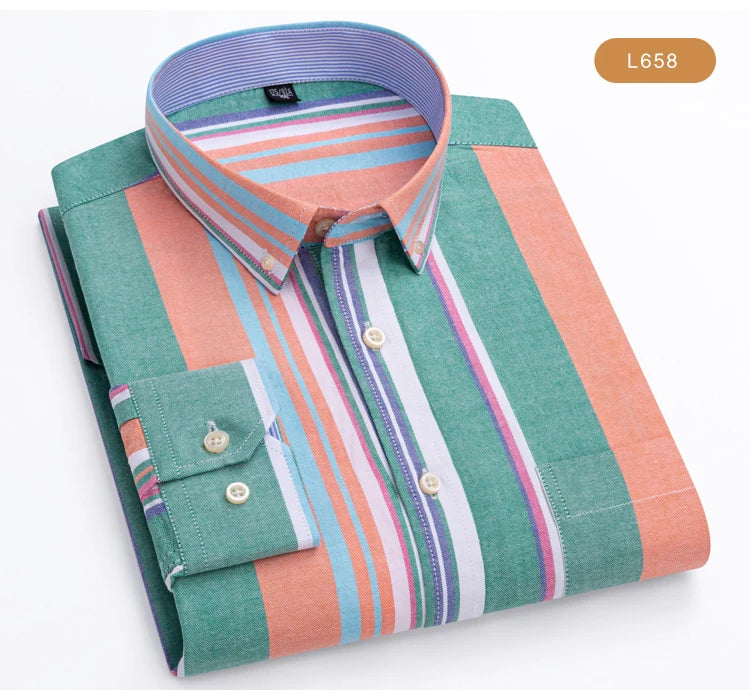 Men's Oxford Long Sleeve Shirt 100% Cotton Wrinkle Resistant & Breathable, Solid Plaid Striped Comfort Casual Button-down Shirts