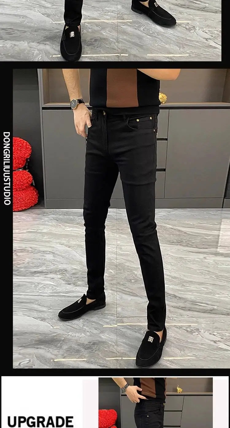 White Jeans Men's European Goods 2025 Summer New Fashion Motorcycle Boots Simple Slim Fit Elastic Versatile Small Feet Trousers