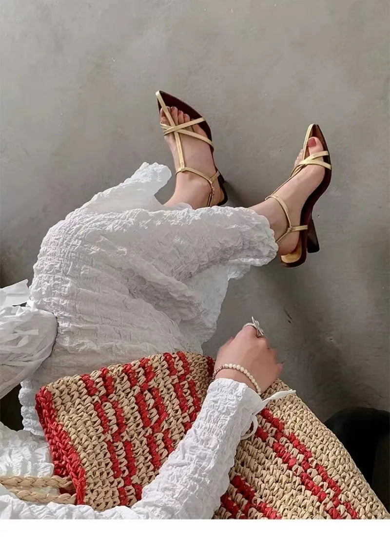 2025 New Women's High-heeled Sandals Summer High-heeled Shoes Luxury  Strap Slingback Feminine Wedding Sandals