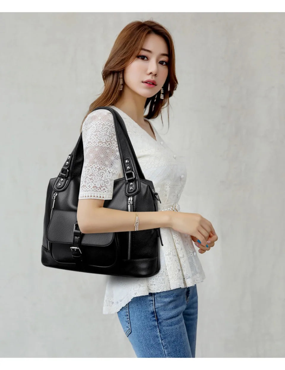 Women's Casual Tote Soft Leather Handbag Luxury Designer Shoulder Crossbody Hand Bag Ladies Shopping Sac Front Double Zipper