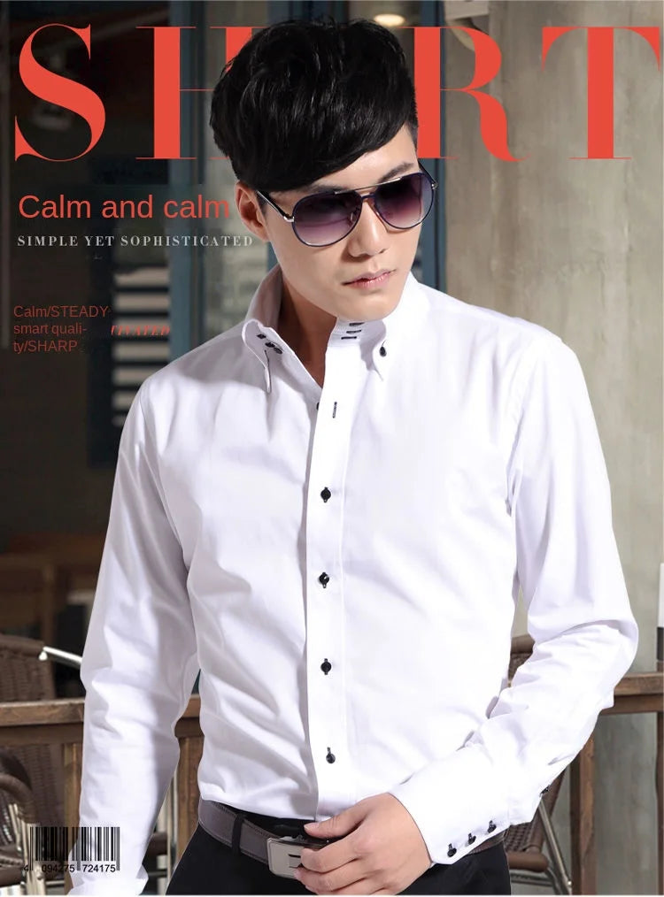Men's Dress Shirt Button-down Collared Long Sleeve Formal Business Casual Shirt Korean Fashion Slim Fit Designer Shirts White