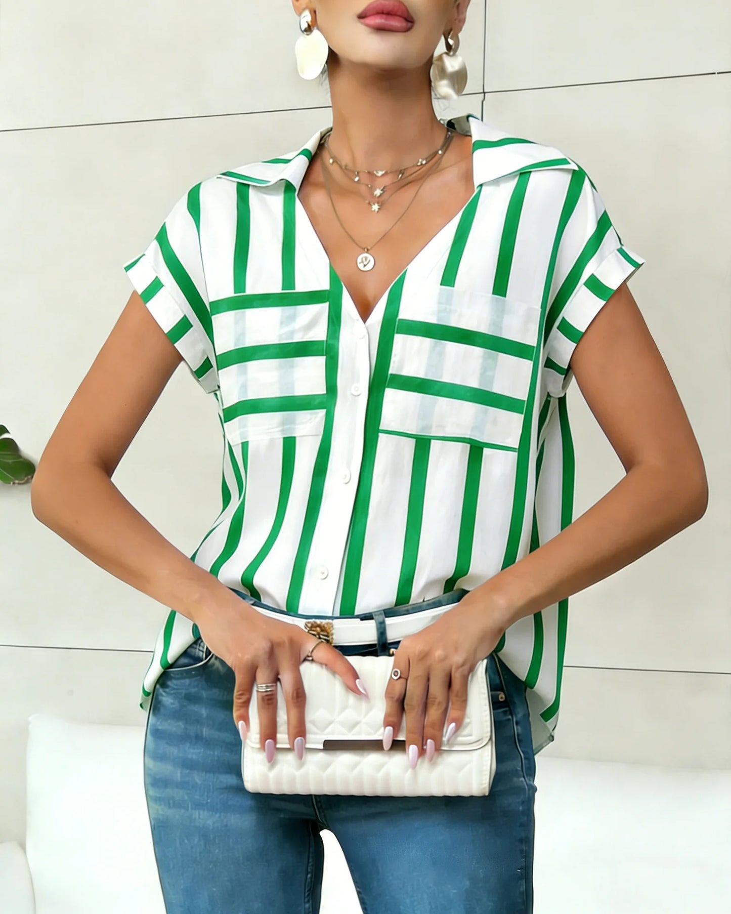 Women's Blouse Shirt Summer Top Navy White Top Vertical Stripe V Neck Short Sleeve Sleek Stylish Daily Shirt Casual Tops