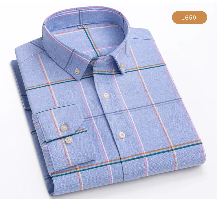 Men's Oxford Long Sleeve Shirt 100% Cotton Wrinkle Resistant & Breathable, Solid Plaid Striped Comfort Casual Button-down Shirts