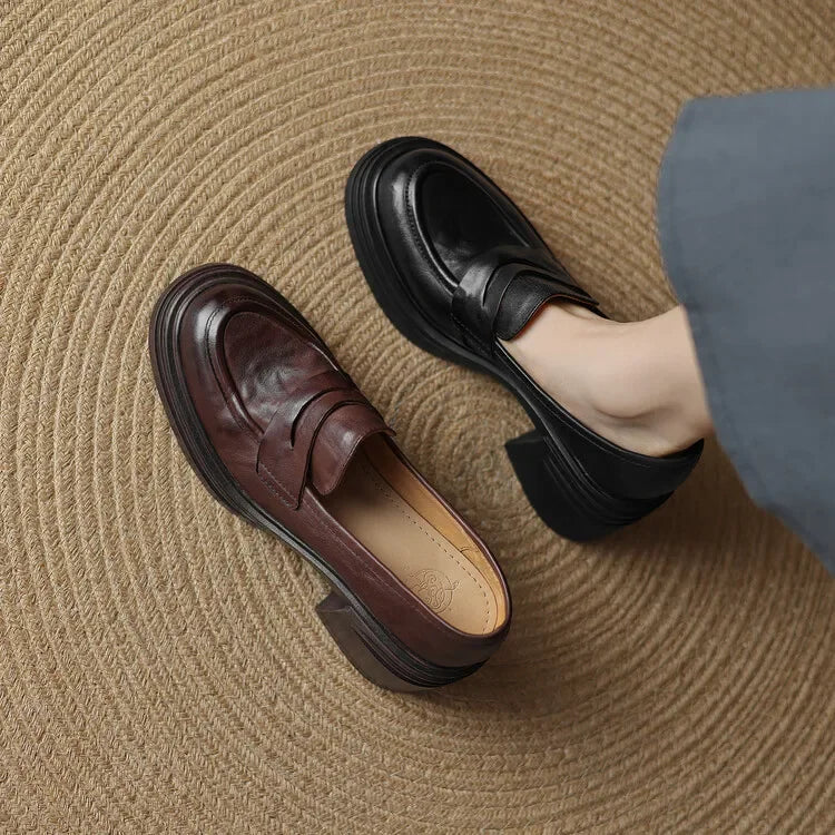 Women Chunky Heel Genuine Leather Wedge Shoes Woman Platform Pumps Female High Heel Zapatos Mujer Handmade thick sole Loafers