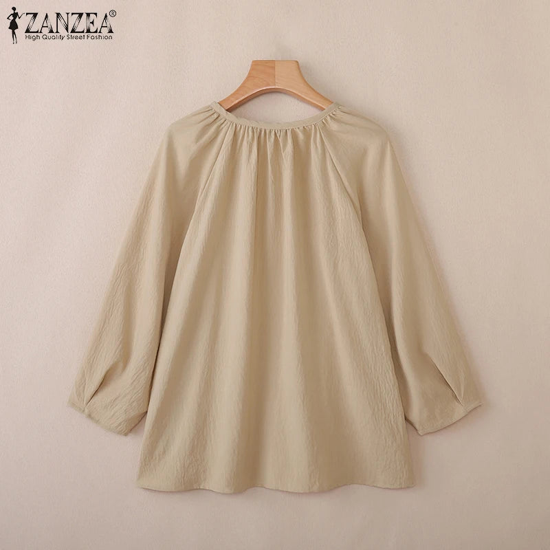 Women Blouse ZANZEA 2026 Spring Summer Shirt Casual V-Neck 3/4 Sleeve Solid Tops Female Mujer Elegant OL Work Blouses Oversize