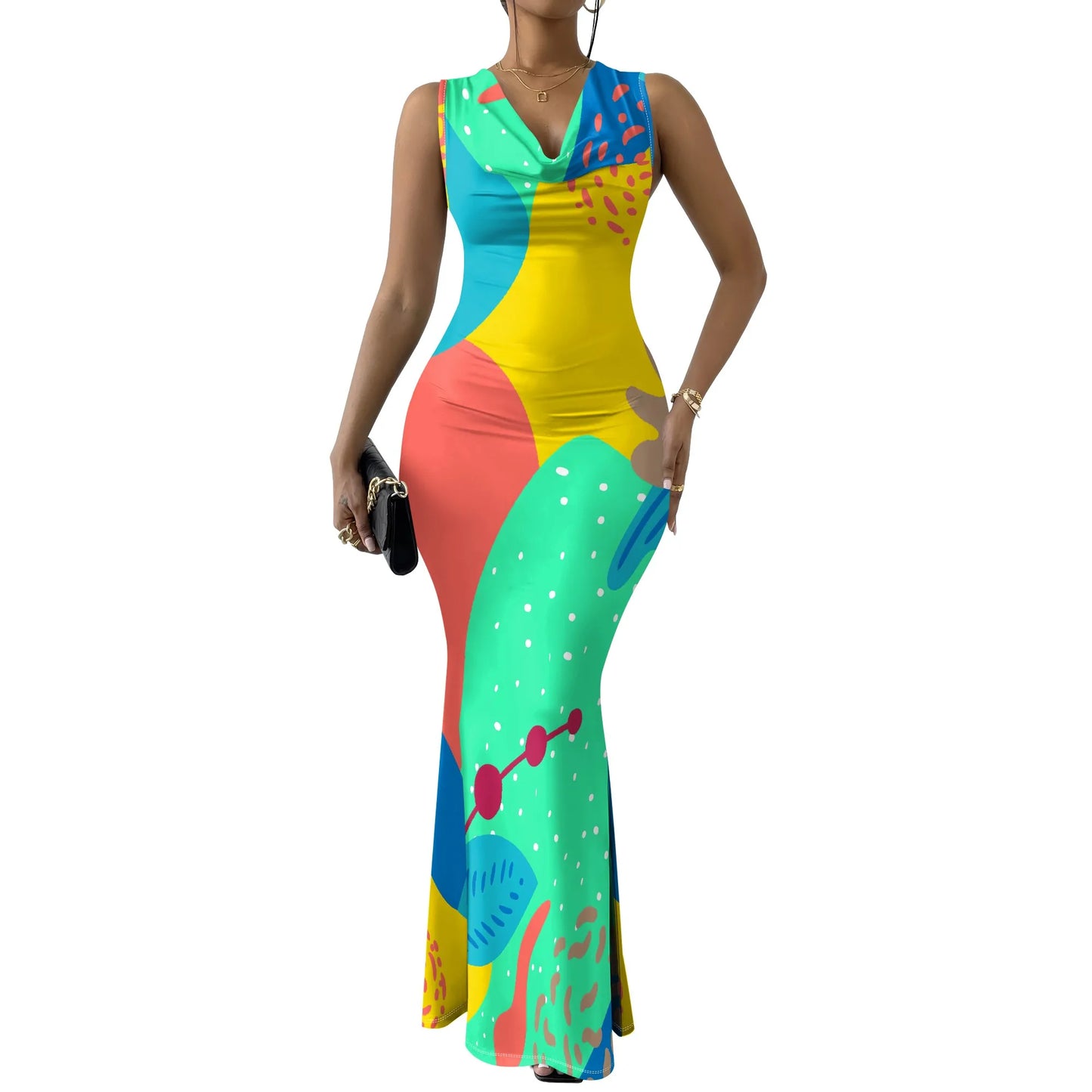 Womens Sexy Casual Dresses Colorful Geometric Off-Shoulder Maxi Dress  Artistic Party Evening Resortwear Swing Neck Dress