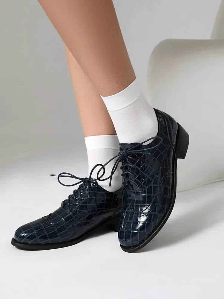 Women Shoes Spring New Fashion Round Toe Lace Up Retro Single Shoe for Office Party Walk Thick Low Heeled Big Size 48 775-1