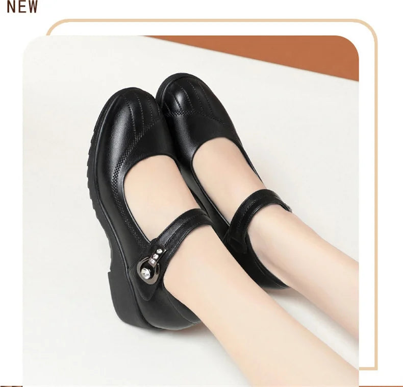 Women's Wedge Anti-slip  Ankle Strap Casual Office Comfortable Soft Leather Shallow Mouth Mom Shoes  Middle-aged Elderly
