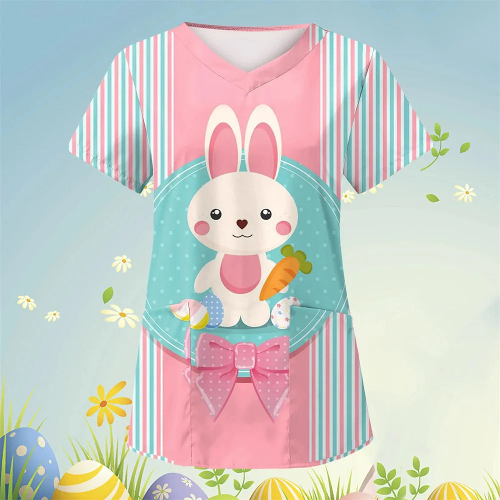 Scrubs Medical Uniforms Cute Cartoon Bunny Print High Quality Medical Uniforms for Women Short Sleeve Dental Medical Uniforms
