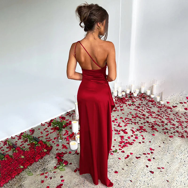 Sexy One Shoulder Satin Long Dress For Women Summer Sleeveless High Split Backless Party Evening Dresses Elegant Cocktail Dress
