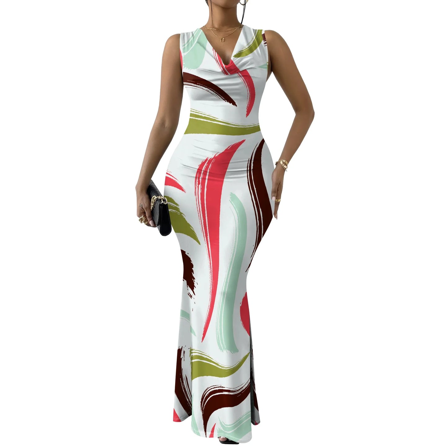 Womens Sexy Casual Dresses Colorful Geometric Off-Shoulder Maxi Dress  Artistic Party Evening Resortwear Swing Neck Dress