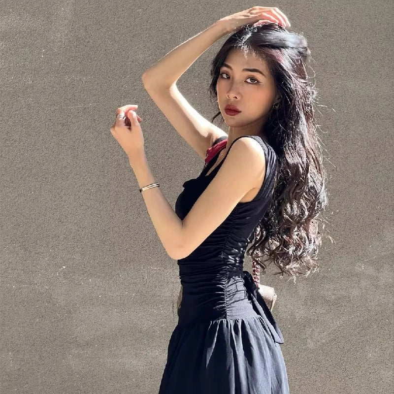 WhereMery Elegant Slip Long Dresses Sexy Women Ruched Bodycon Solid Maxi Dress Spring Y2K Summer Temperament High-waist Vestidos