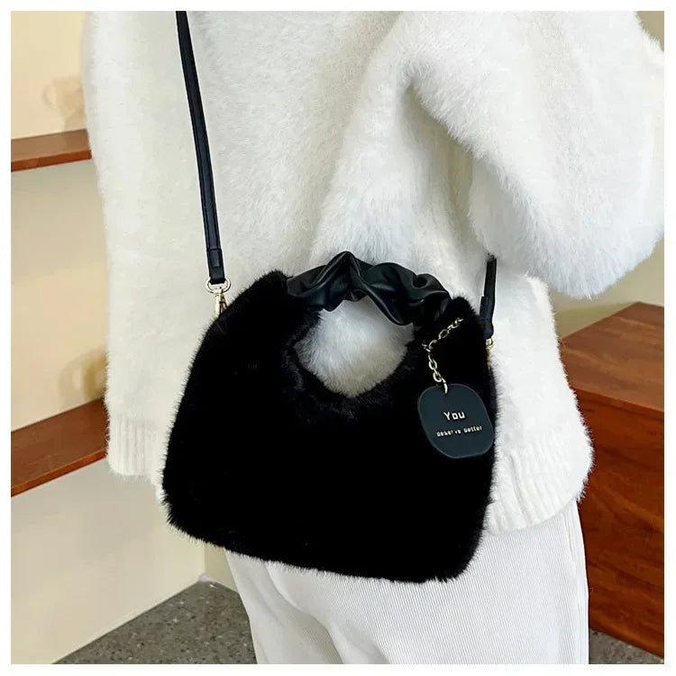 Women Faux Fur Plush Handbags Ruched Handle Small Lady Shoulder Crossbody Bag Casual Tote Half-Moon Hobos Winter Bags for Women