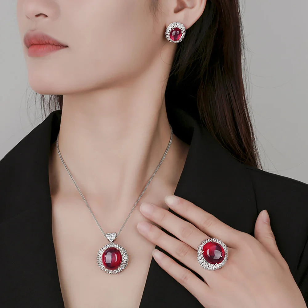 Women's Fine Jewelry Set Retro Lab Ruby Gemstone Necklace Pendant Ring Stud Earrings Wedding Party Accessories Anniversary Gift