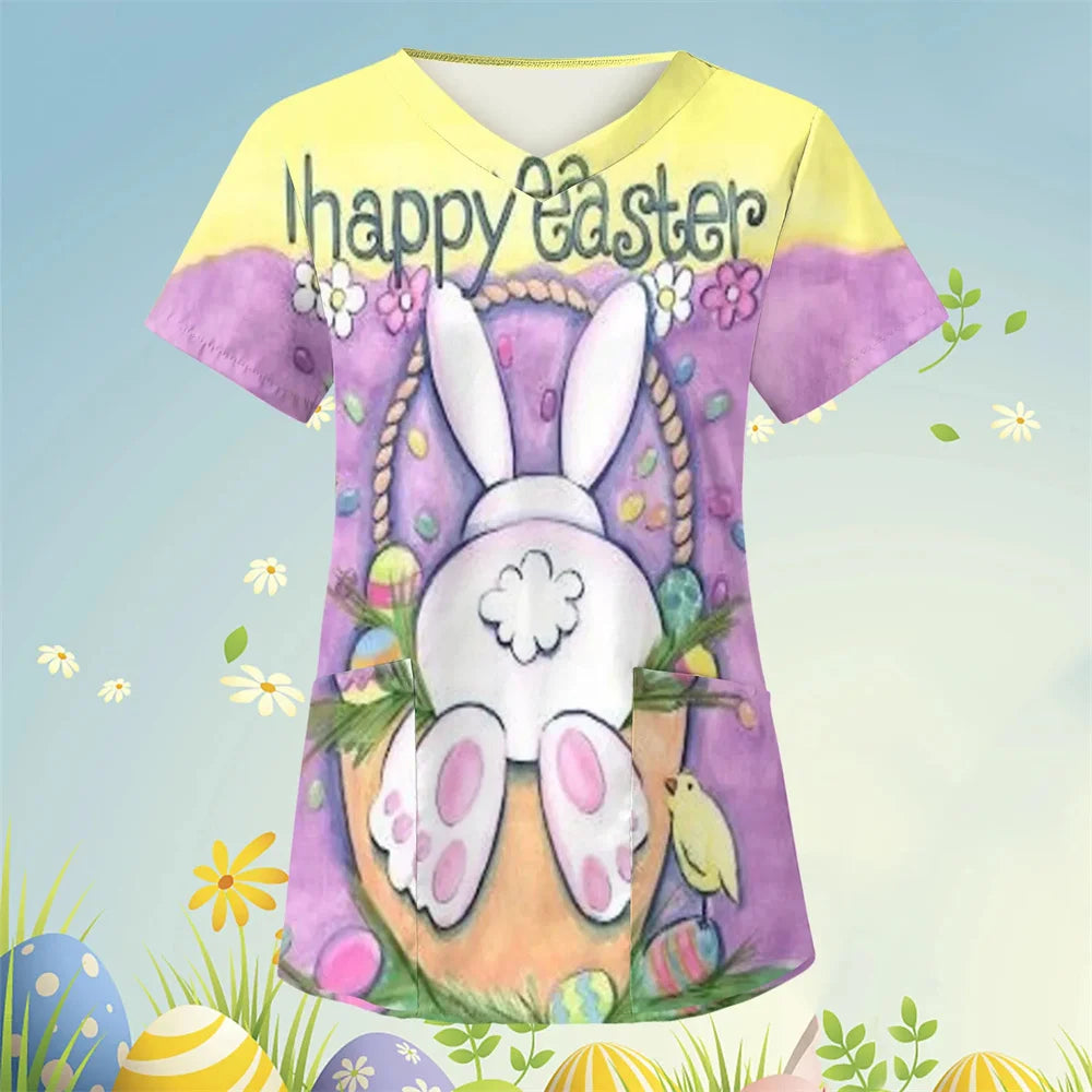 Scrubs Medical Uniforms Cute Cartoon Bunny Print High Quality Medical Uniforms for Women Short Sleeve Dental Medical Uniforms