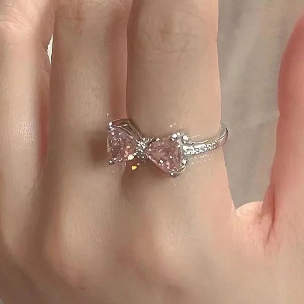 2pcs Set Fashion Bowknot Necklace Rings Set Crystal Bow Knot Pendant Necklaces Adjustable Bow Rings Fairy Shiny Pink Jewelry