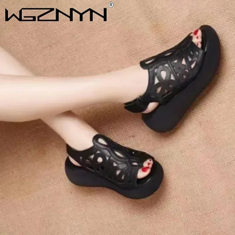 Designer Women Sandals Soft Leather Wedges Shoes for Women Summer Retro Sandals Luxury Casual Shoes Female Heels Wedge Sandalias