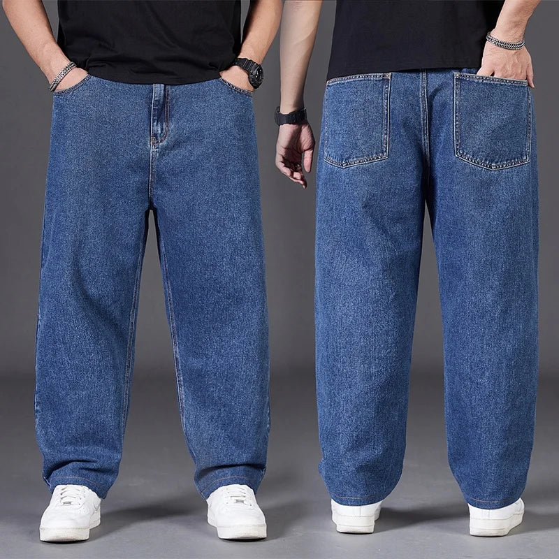 Autumn Thin Denim Jeans Men Plus Size Loose Straight Leg Sport Pants Fat Guy Elastic Long Trendy Trousers Black Grey Blue Jeans